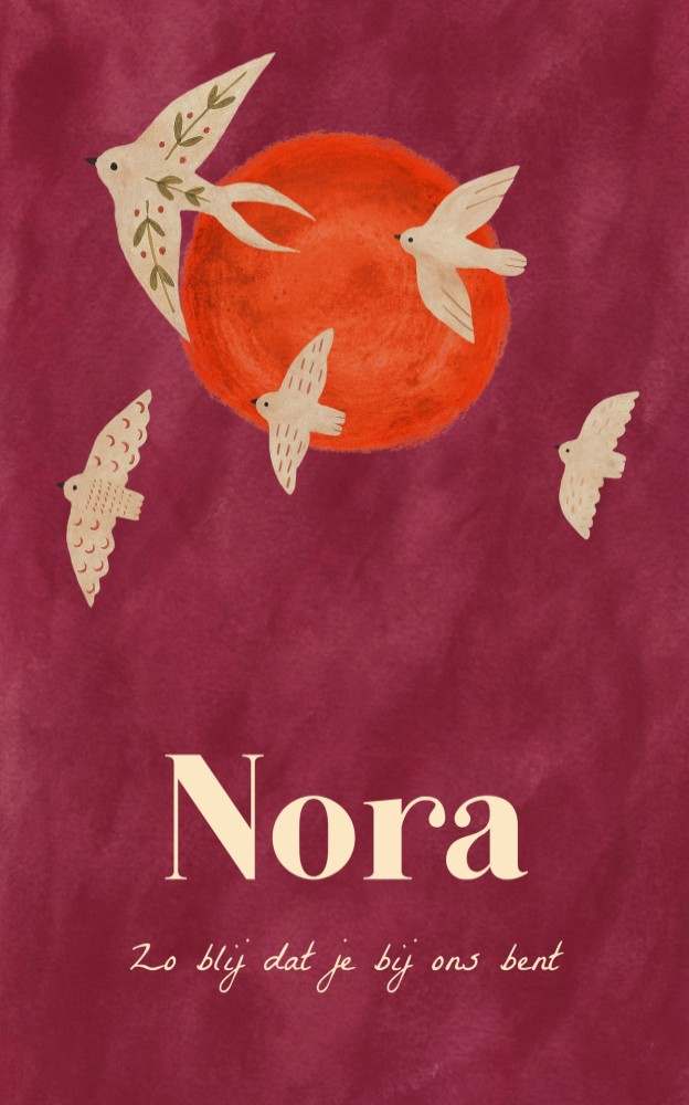Voorkant geboortekaartje Nora met vogels en roze watercolor achtergrond – modern en lief ontwerp van Atelier Lux