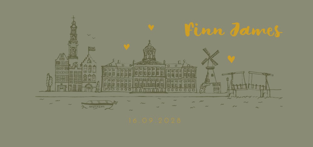 Geboortekaartje skyline Amsterdam mosgroen - Finne James