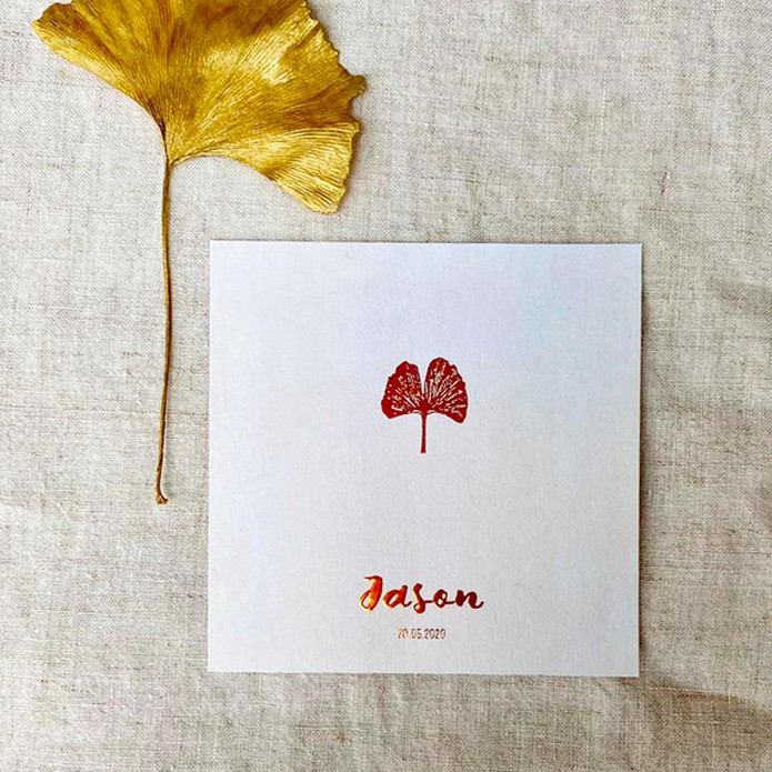 Geboortekaartje Jason gingko koperfolie